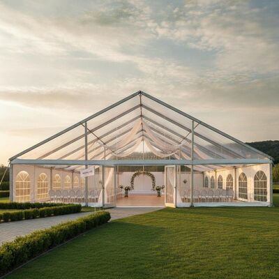 Buy Commercial Clear Span Aluminum Frame Party Tent NFPA 701 Fire Retardant PVC American Wedding Event Venue online manufacture