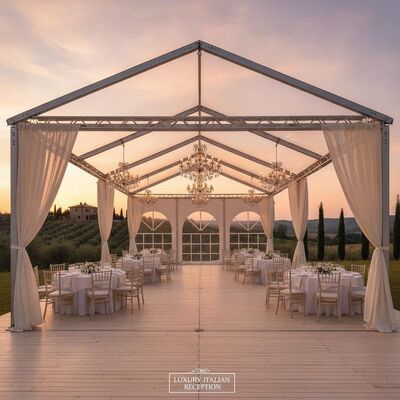 Buy Luxury Italian Wedding Marquee Tent Aluminium Frame Ivory Draping Chandelier Tuscany Countryside Reception Venue online manufacture