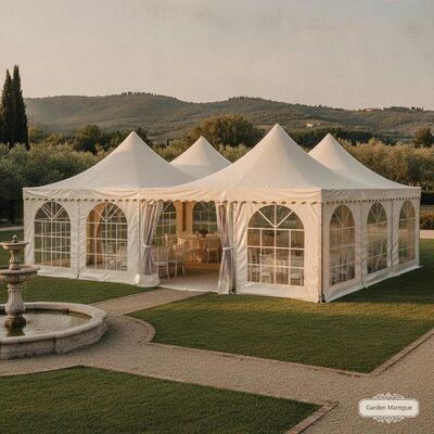 Elegant Garden Party Marquee Tent Aluminium Frame Cream Ivory Canopy Panoramic Windows Italian Villa Outdoor Reception