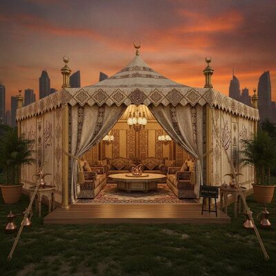 Royal Majlis Style Arabian Hospitality Reception Marquee Tent Premium Handcrafted Finish for UAE VIP Business Meetings